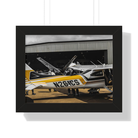 Cessna in the Spotlight: Airplane at the Hangar - Framed Photography Print