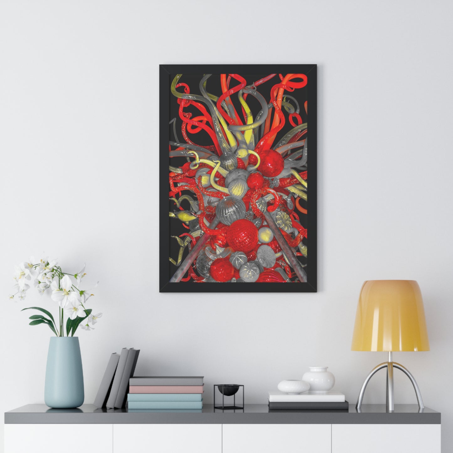 Vibrant Fusion: Red, Yellow, and Clear Glass Blown Sculpture - Framed Photography Print