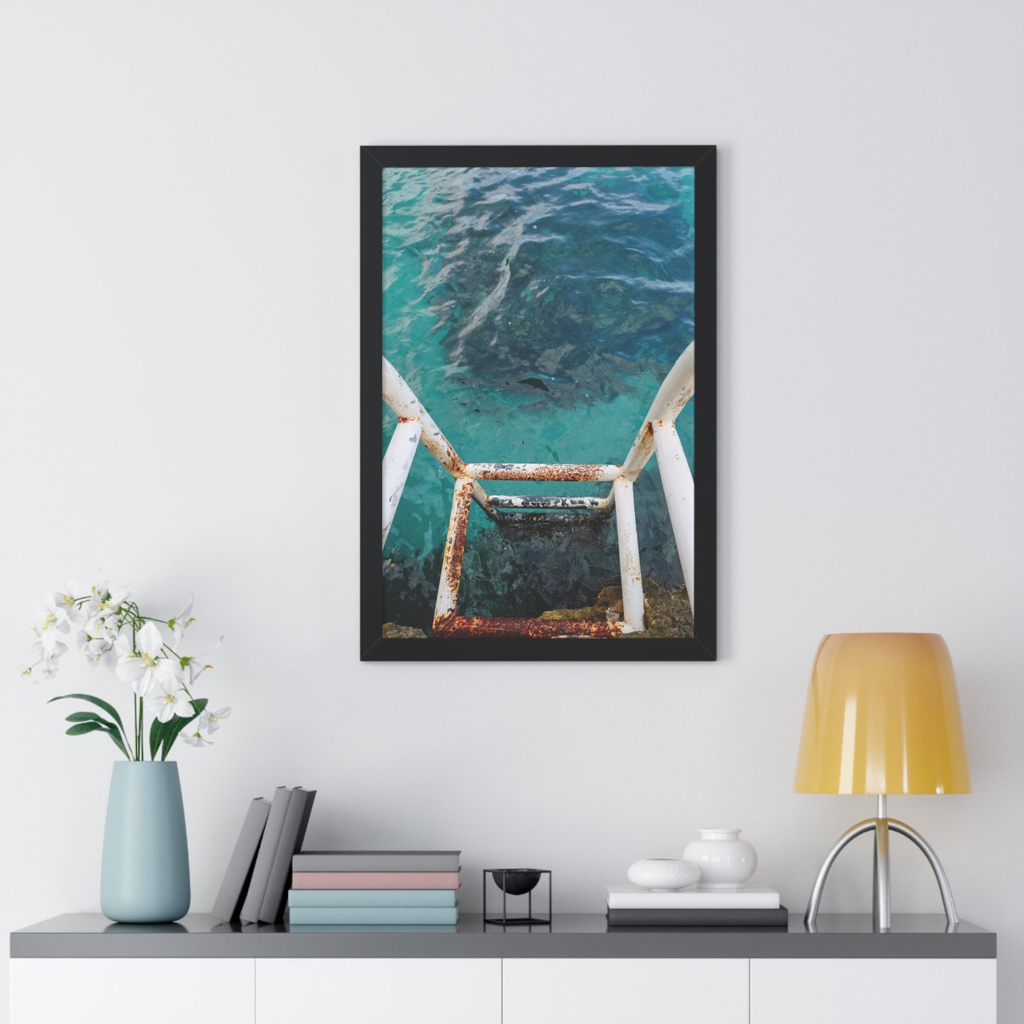 Rustic Descent: Rusted Ladder to Water at The Caves Resort, Jamaica - Framed Photography Print