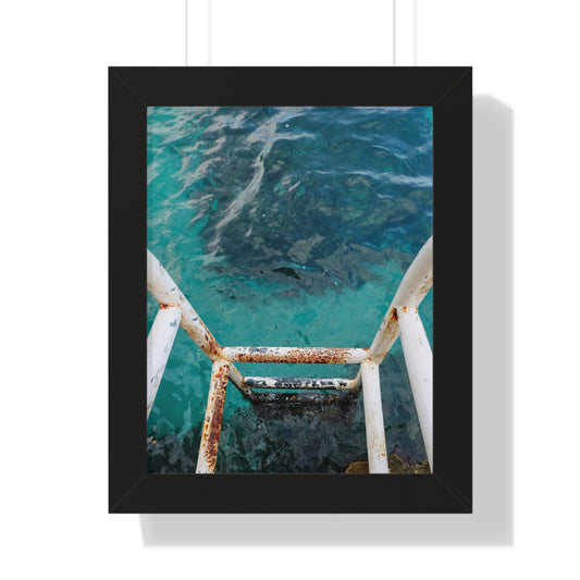 Rustic Descent: Rusted Ladder to Water at The Caves Resort, Jamaica - Framed Photography Print