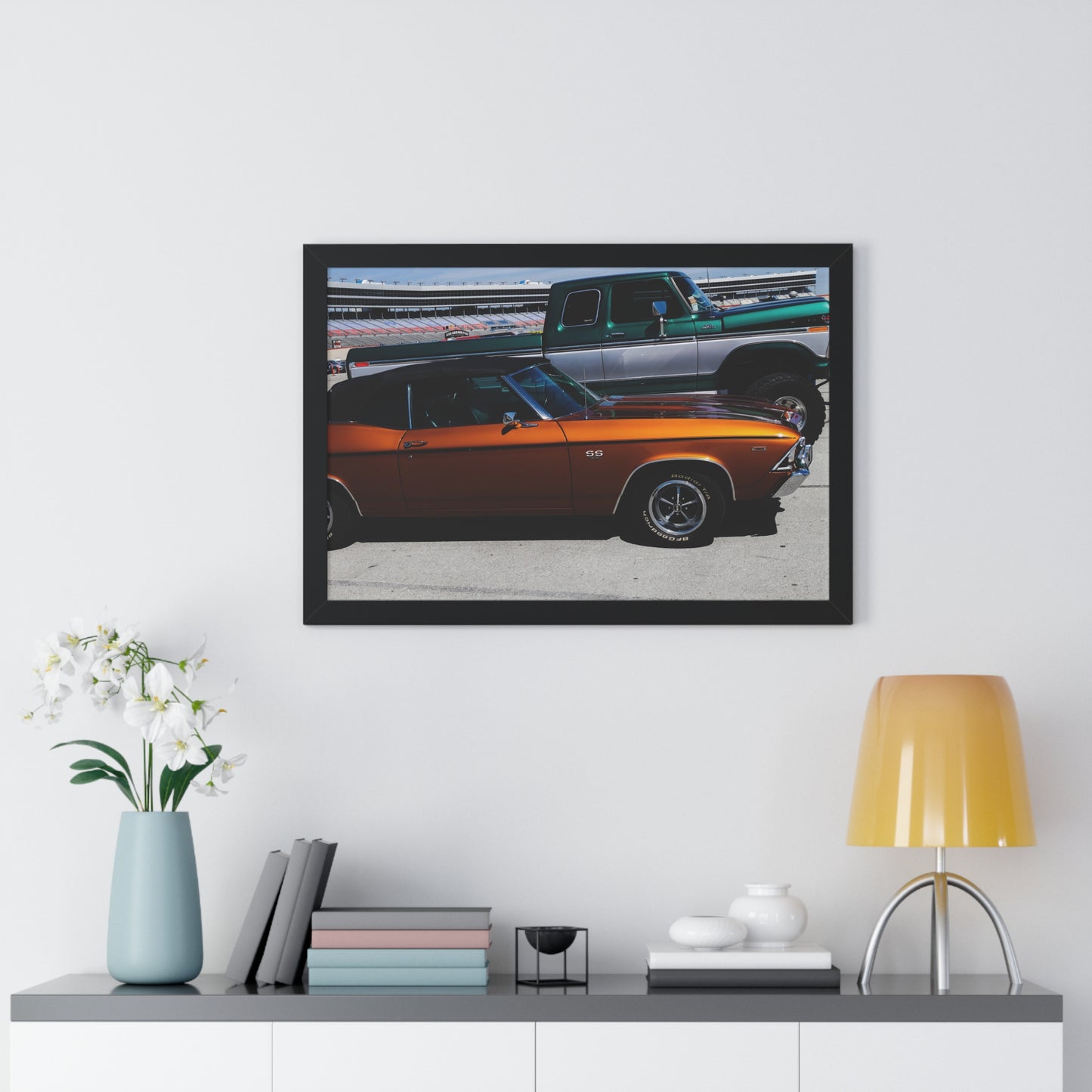 Rustic Charm: Vintage Truck and Car Duo - Framed Photography Print