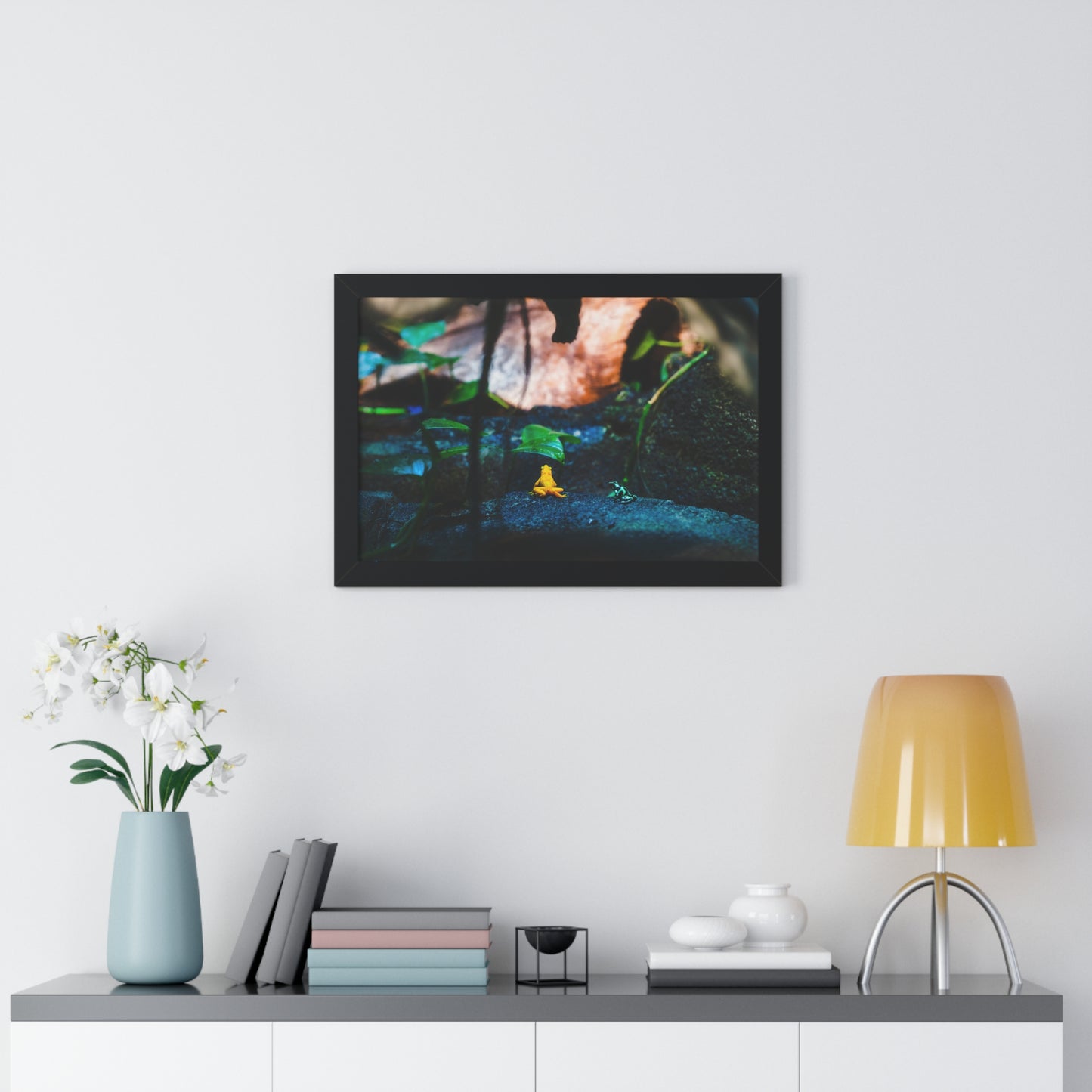 Colorful Contrast: Frogs in Their Habitat - Framed Photography Print