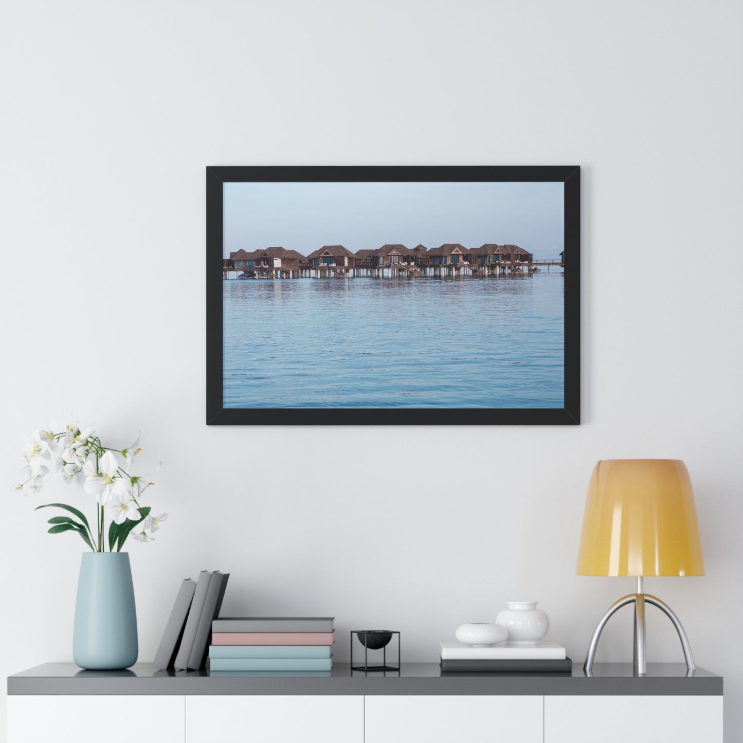 Idyllic Retreat: Water Bungalows at Sandals Resort, Jamaica - Framed Photography Print