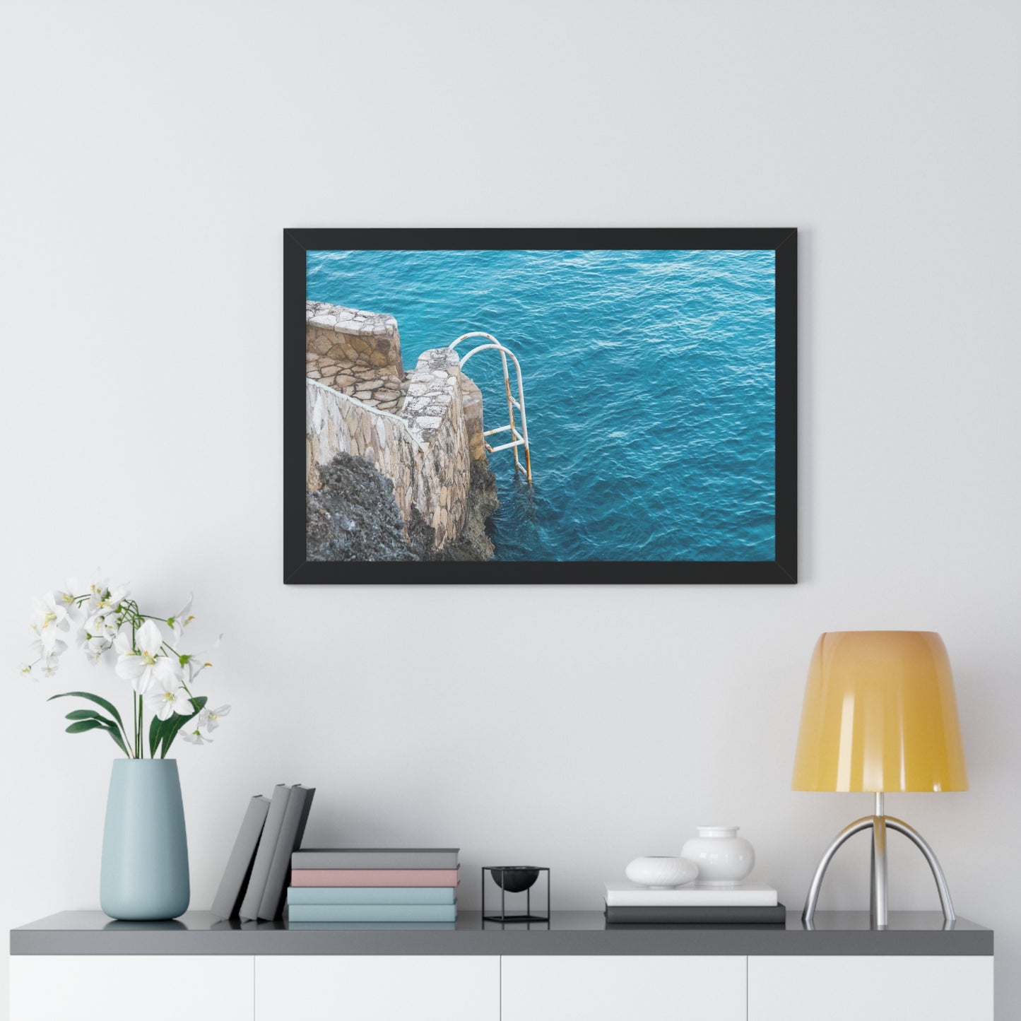 Steps to Tranquility: Ladder into Water at The Caves Resort, Jamaica - Framed Photography Print