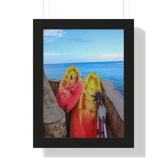 Adventure Awaits: Kayaks by the Cliffs at The Caves Resort, Jamaica - Framed Photography Print