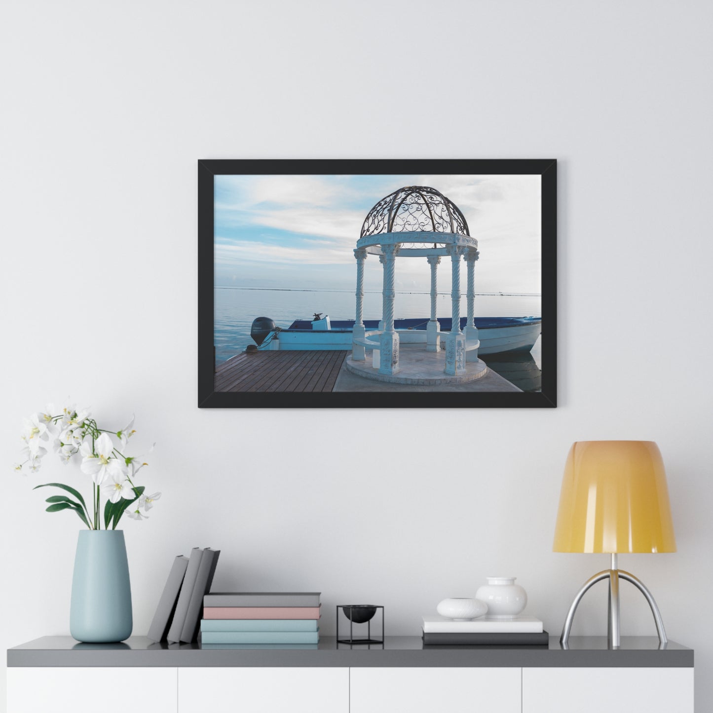 Tranquil Retreat: Boat Behind Gazebo at Sandals Resort, Jamaica - Framed Photography Print