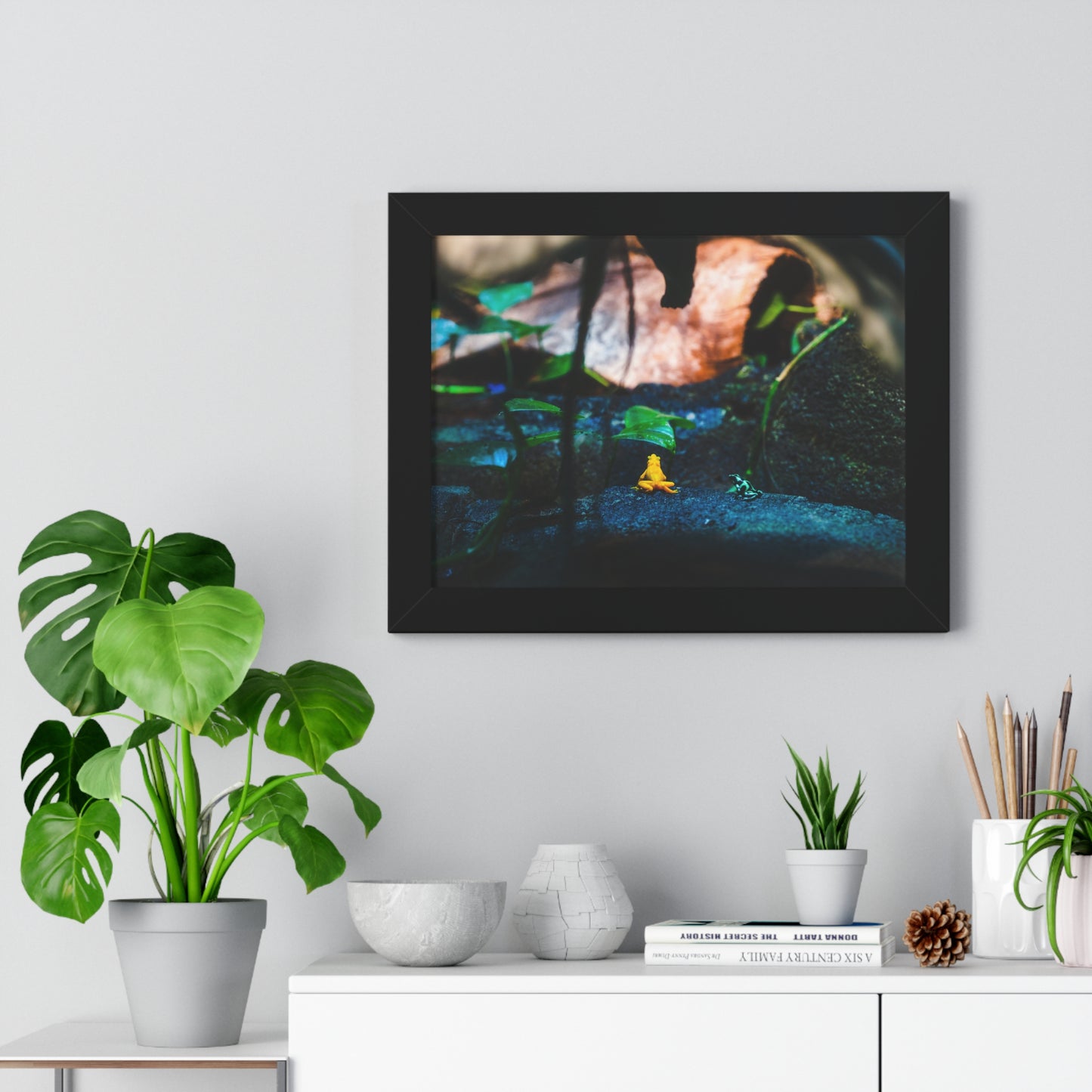 Colorful Contrast: Frogs in Their Habitat - Framed Photography Print