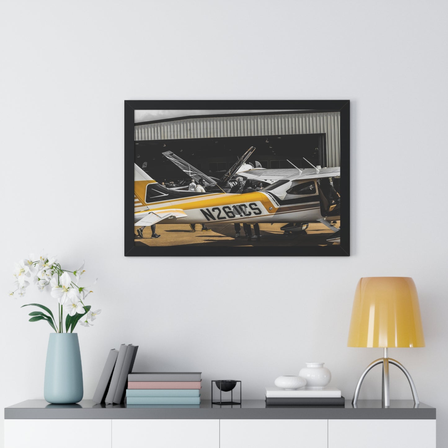 Cessna in the Spotlight: Airplane at the Hangar - Framed Photography Print
