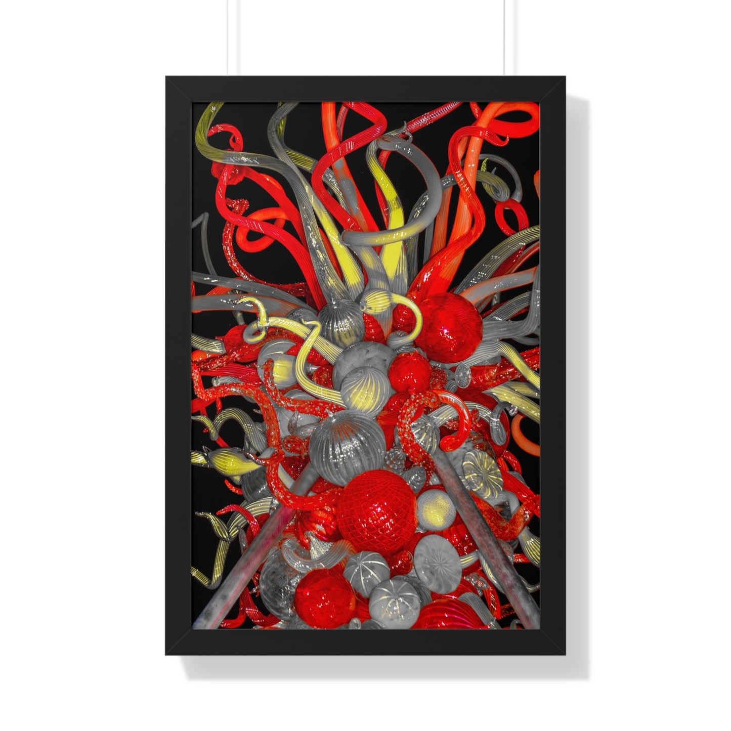 Vibrant Fusion: Red, Yellow, and Clear Glass Blown Sculpture - Framed Photography Print