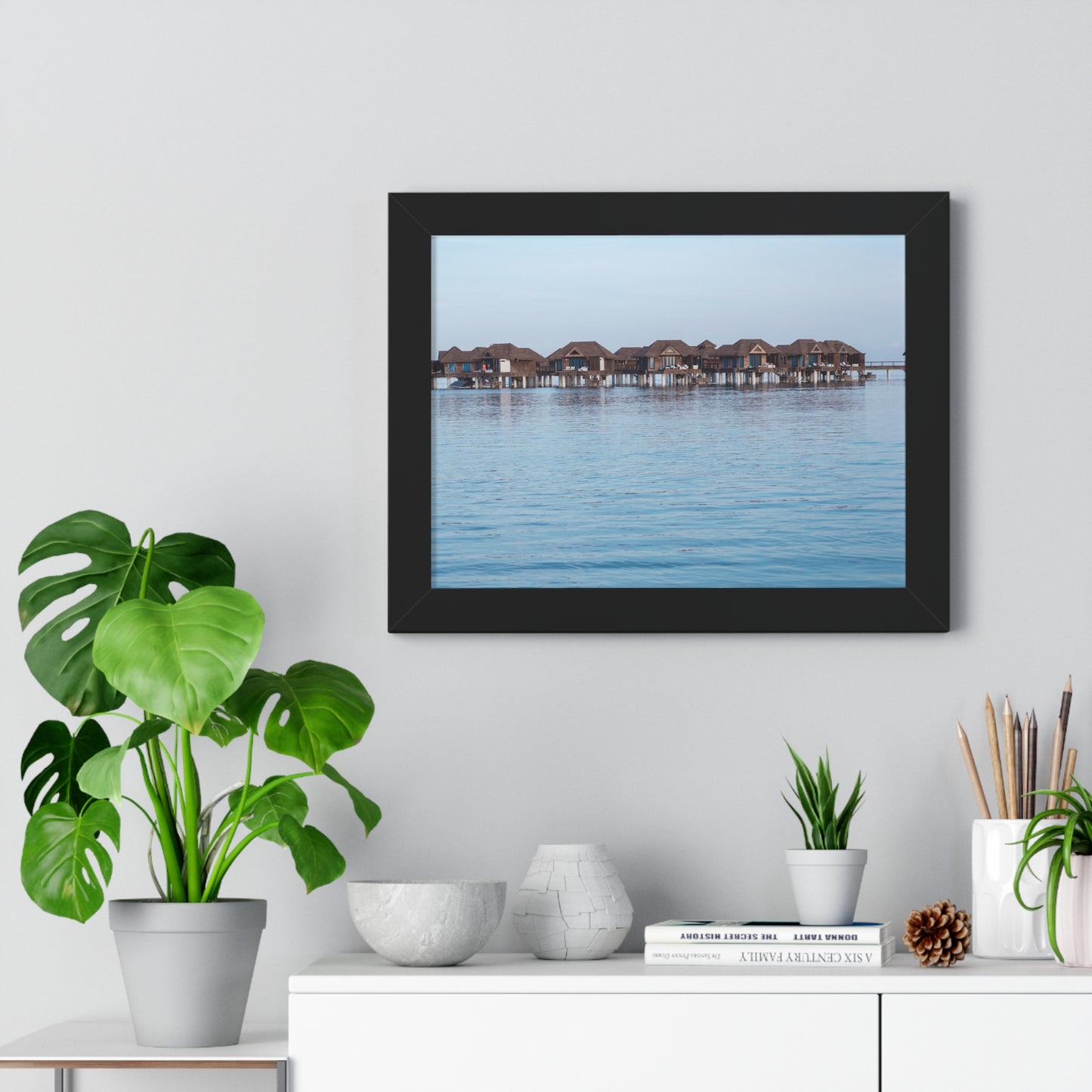 Idyllic Retreat: Water Bungalows at Sandals Resort, Jamaica - Framed Photography Print