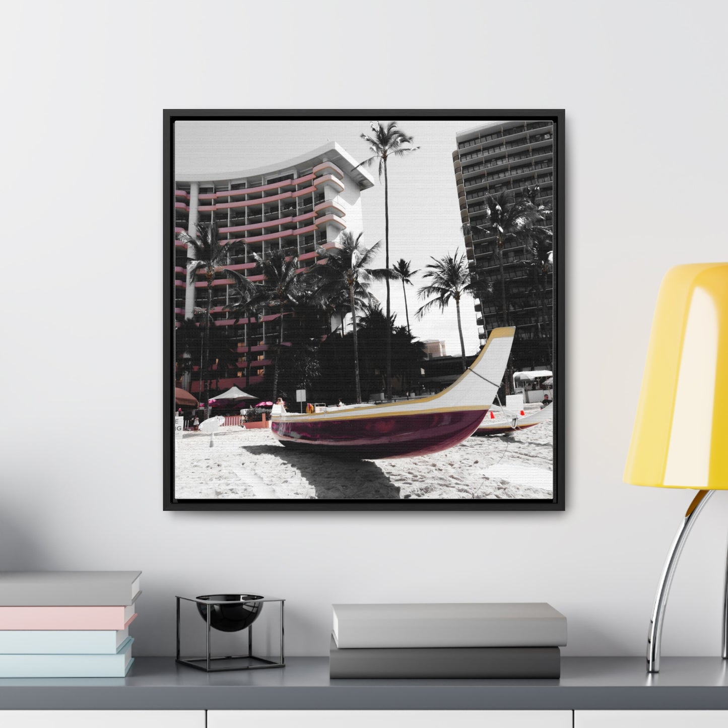 Serene Shores: Boat on a Hawaiian Beach - Framed Canvas Print