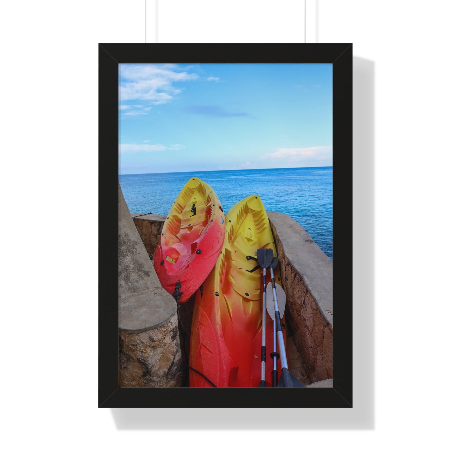 Adventure Awaits: Kayaks by the Cliffs at The Caves Resort, Jamaica - Framed Photography Print