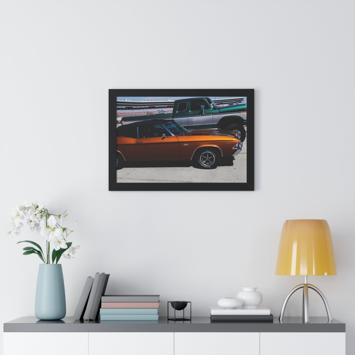 Rustic Charm: Vintage Truck and Car Duo - Framed Photography Print