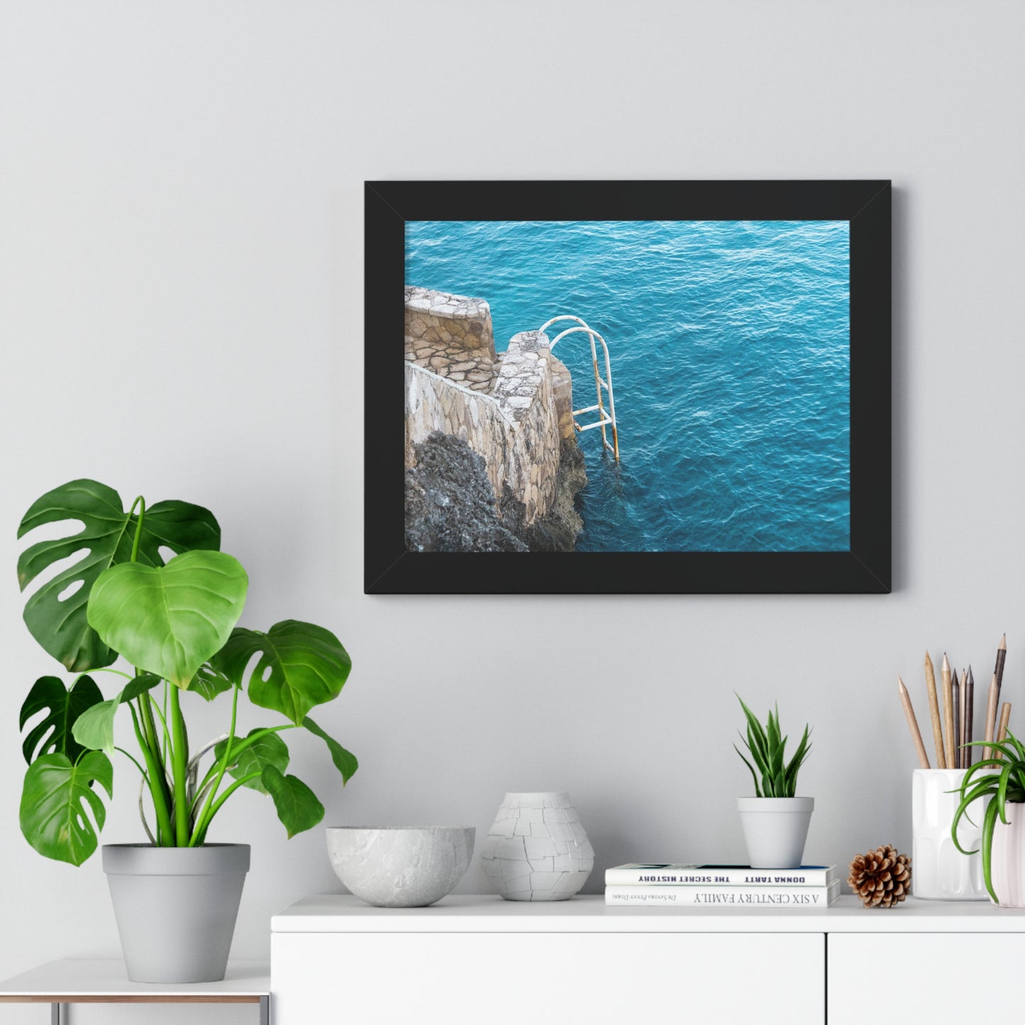 Steps to Tranquility: Ladder into Water at The Caves Resort, Jamaica - Framed Photography Print