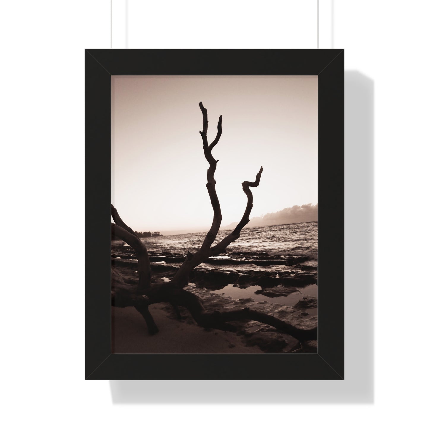 Dusk Serenity: Fallen Tree on the Beach - Framed Photography Print