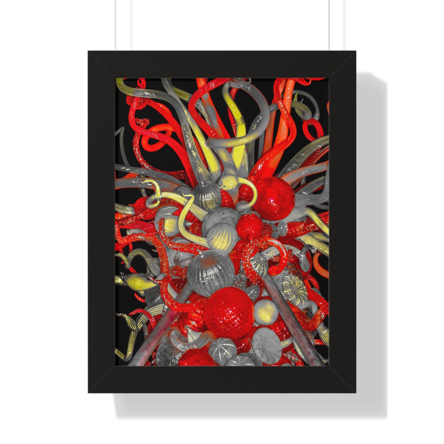 Vibrant Fusion: Red, Yellow, and Clear Glass Blown Sculpture - Framed Photography Print