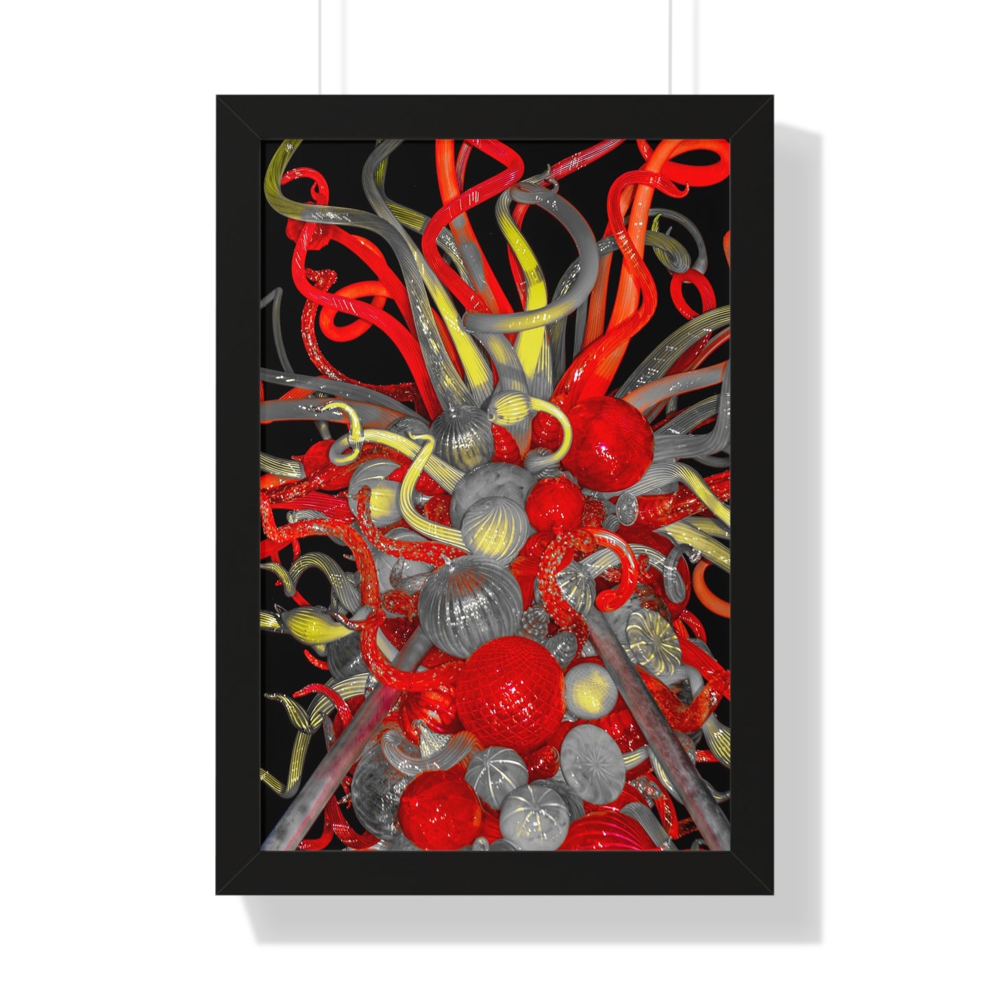 Vibrant Fusion: Red, Yellow, and Clear Glass Blown Sculpture - Framed Photography Print