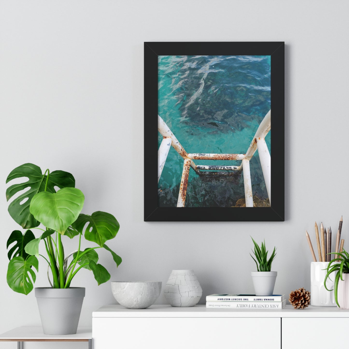 Rustic Descent: Rusted Ladder to Water at The Caves Resort, Jamaica - Framed Photography Print