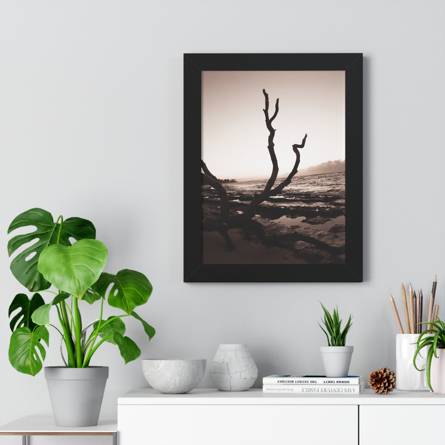 Dusk Serenity: Fallen Tree on the Beach - Framed Photography Print