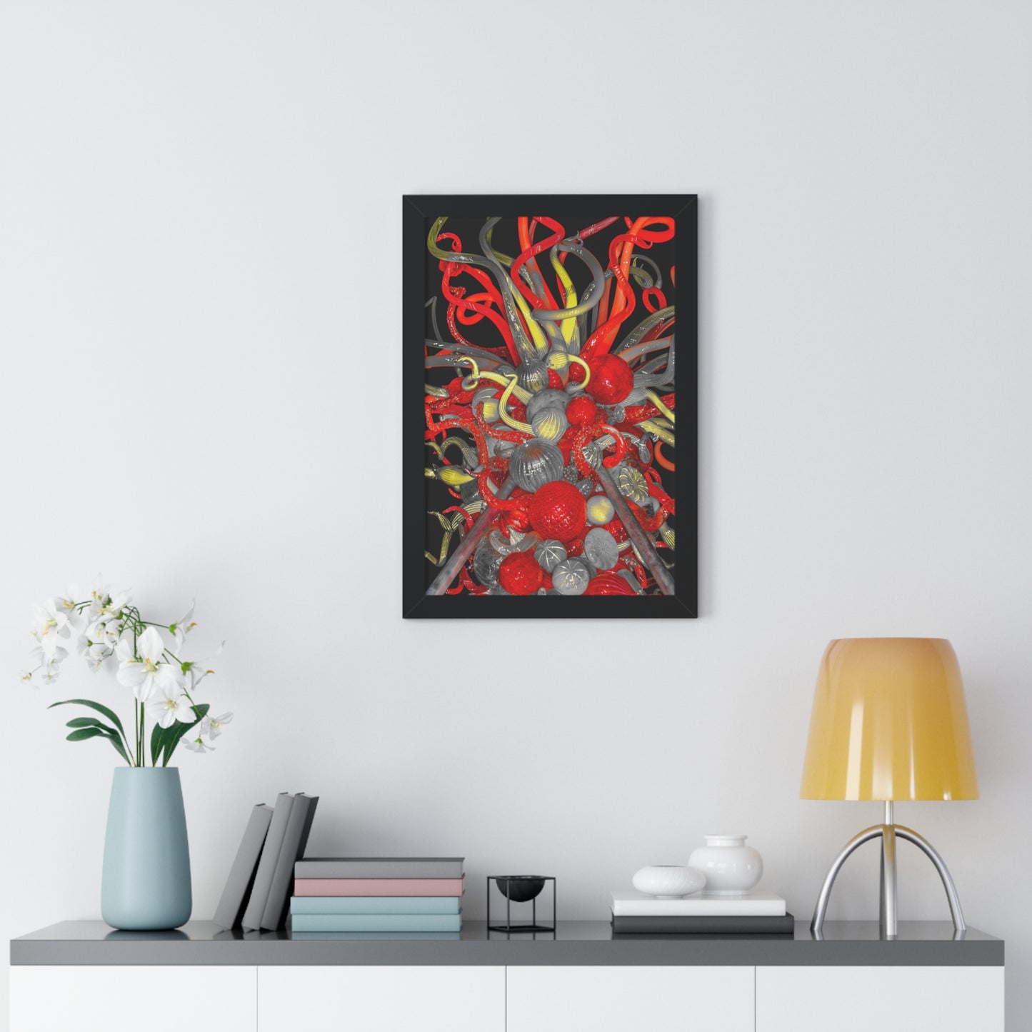 Vibrant Fusion: Red, Yellow, and Clear Glass Blown Sculpture - Framed Photography Print