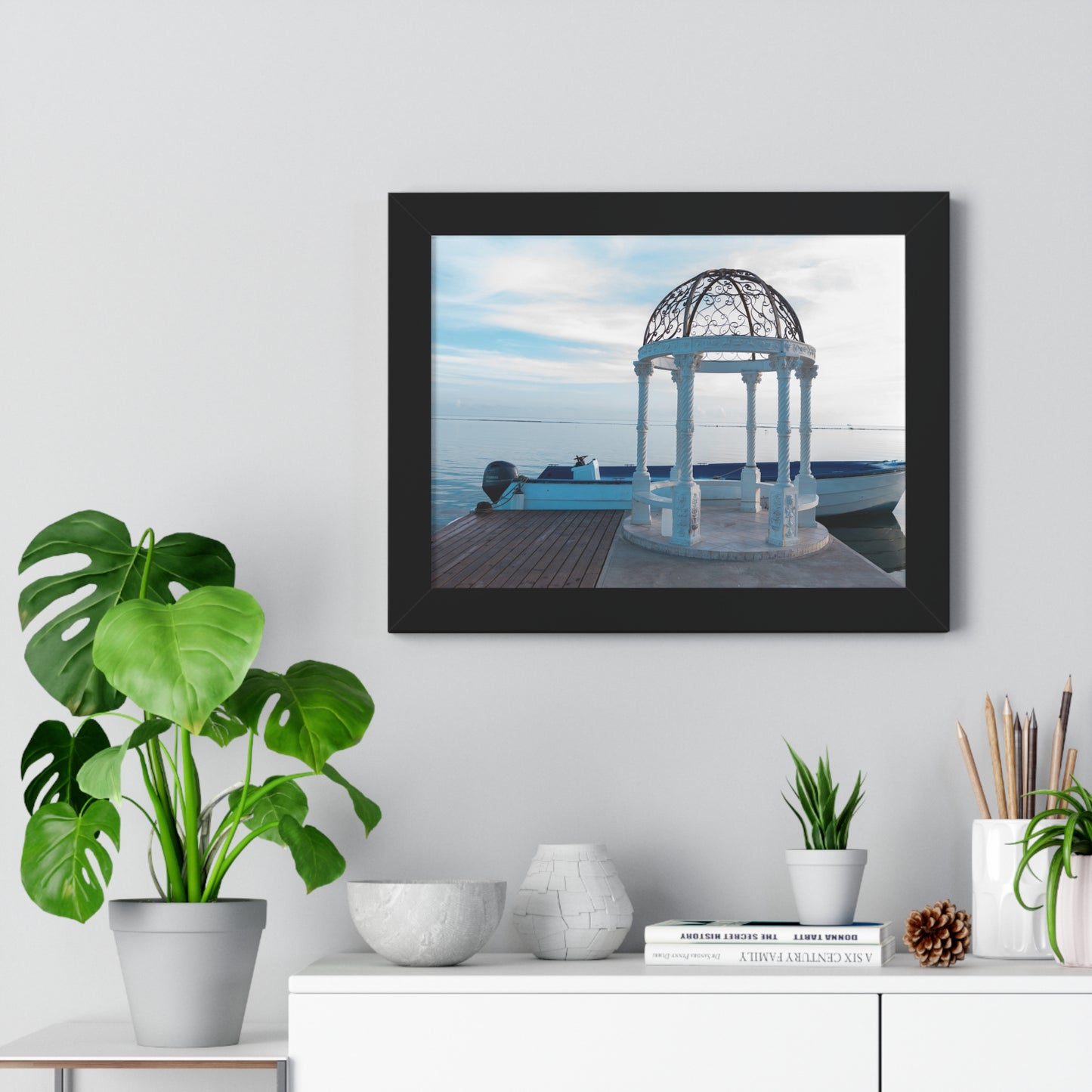 Tranquil Retreat: Boat Behind Gazebo at Sandals Resort, Jamaica - Framed Photography Print