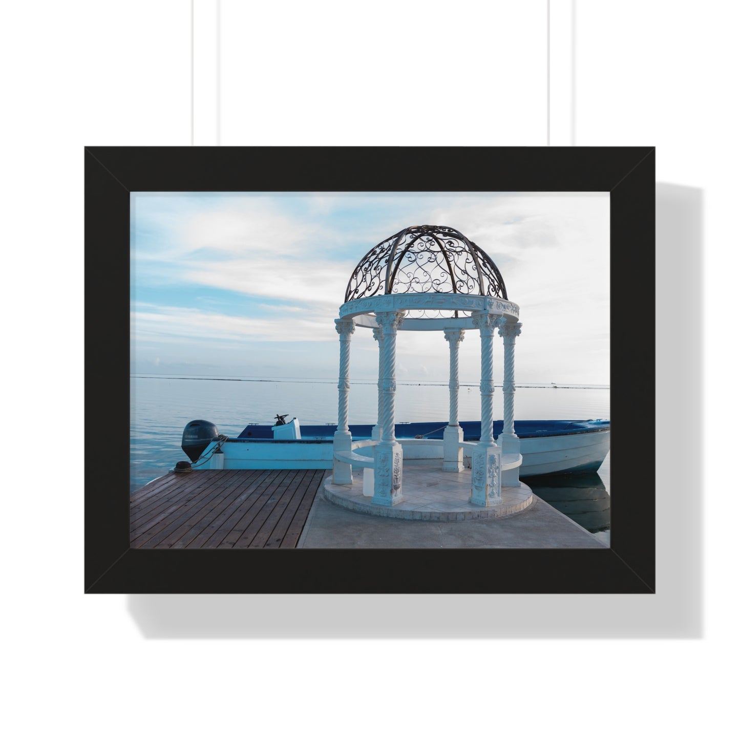 Tranquil Retreat: Boat Behind Gazebo at Sandals Resort, Jamaica - Framed Photography Print