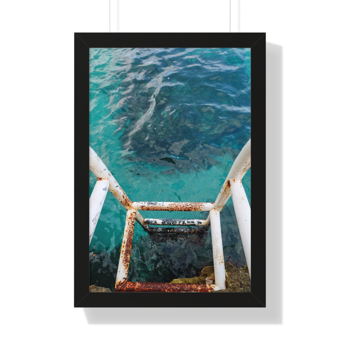 Rustic Descent: Rusted Ladder to Water at The Caves Resort, Jamaica - Framed Photography Print