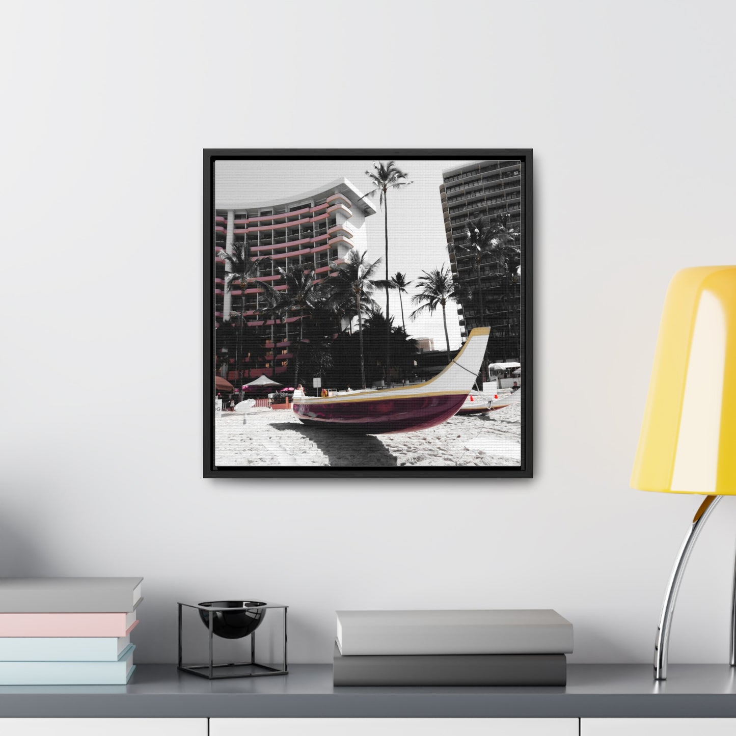 Serene Shores: Boat on a Hawaiian Beach - Framed Canvas Print