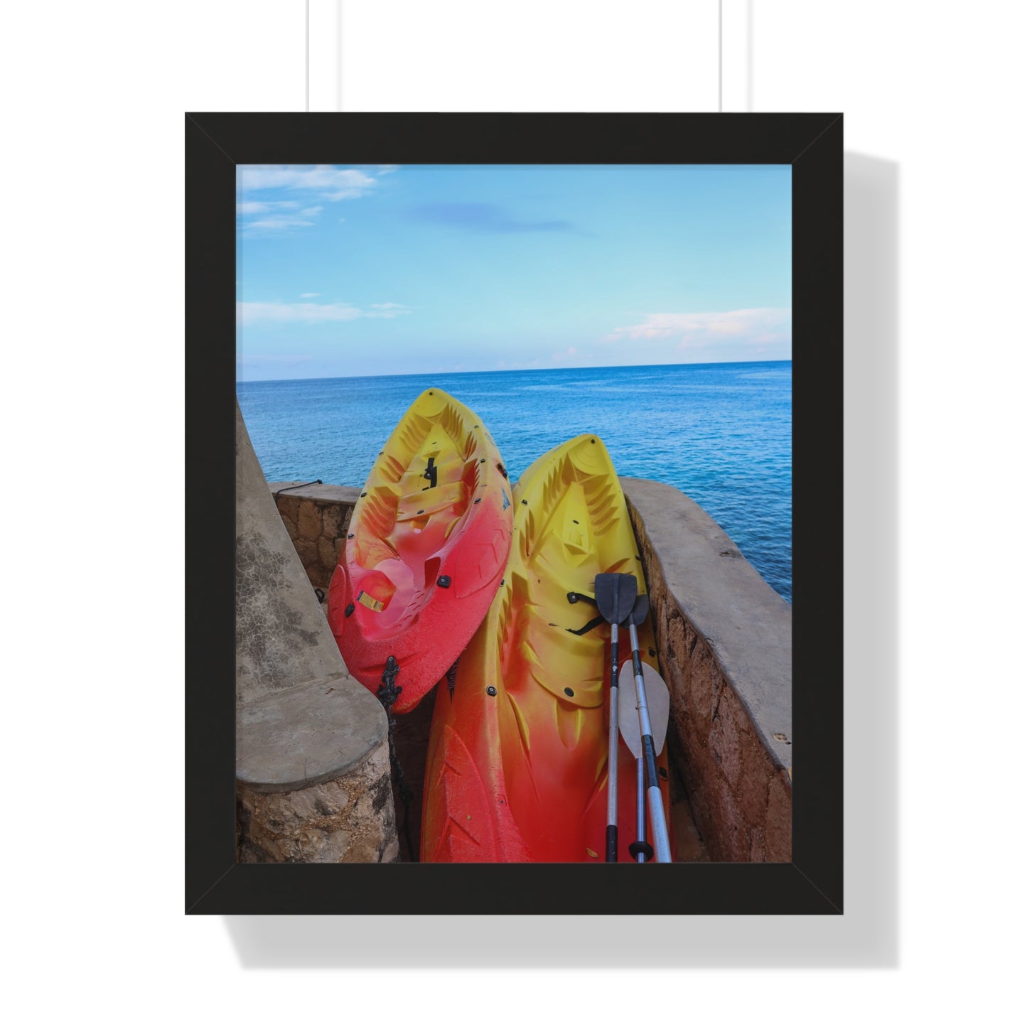 Adventure Awaits: Kayaks by the Cliffs at The Caves Resort, Jamaica - Framed Photography Print