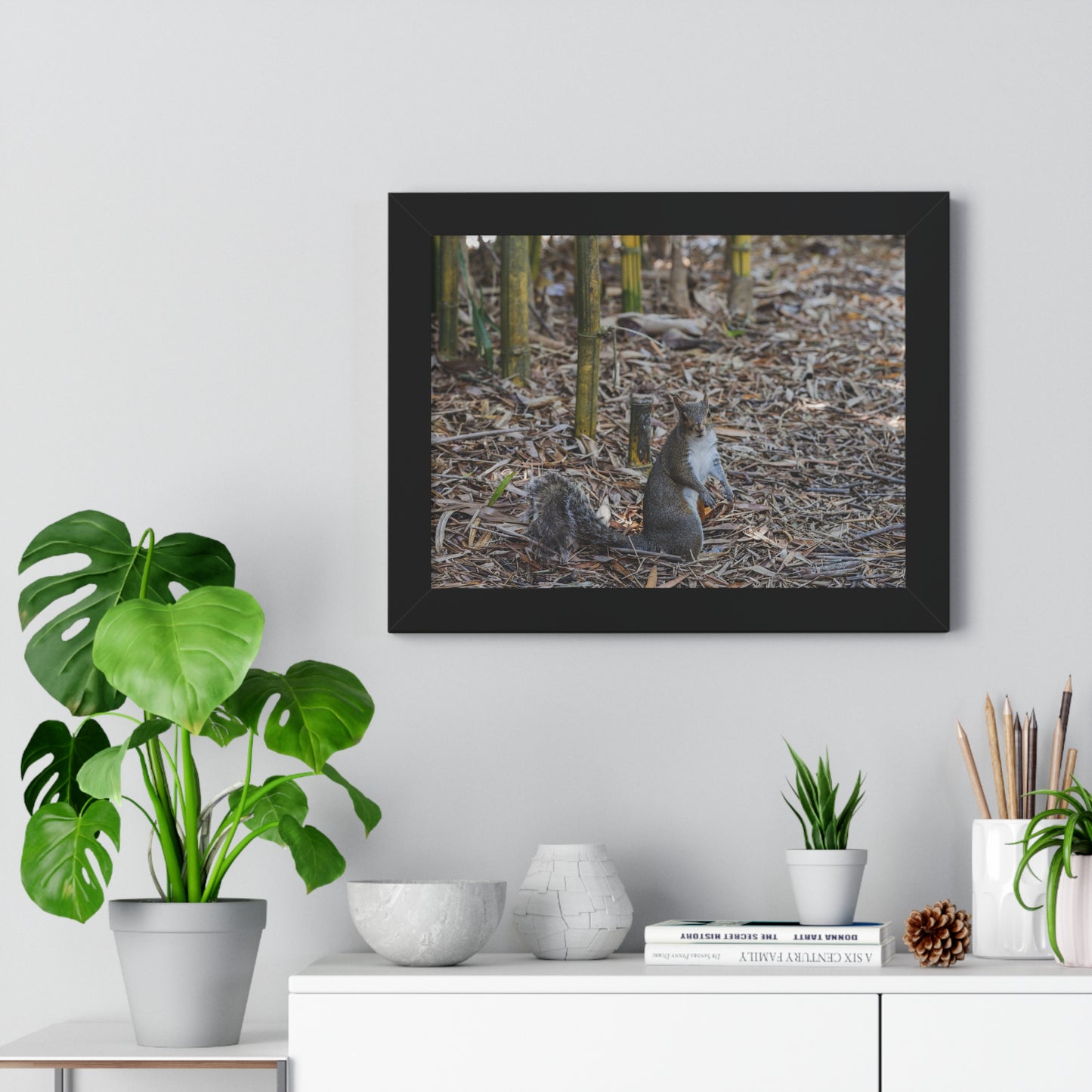 Nature's Forager: A Squirrel Among the Bamboo - Framed Photography Print