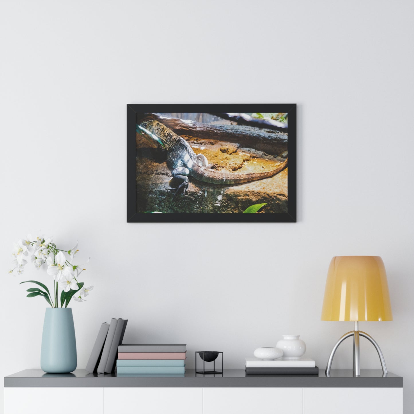 Sunlit Repose: A Lizard in Its Habitat - Framed Photography Print