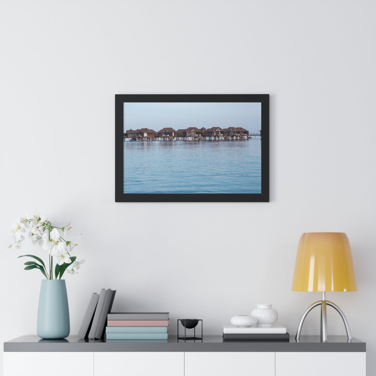 Idyllic Retreat: Water Bungalows at Sandals Resort, Jamaica - Framed Photography Print