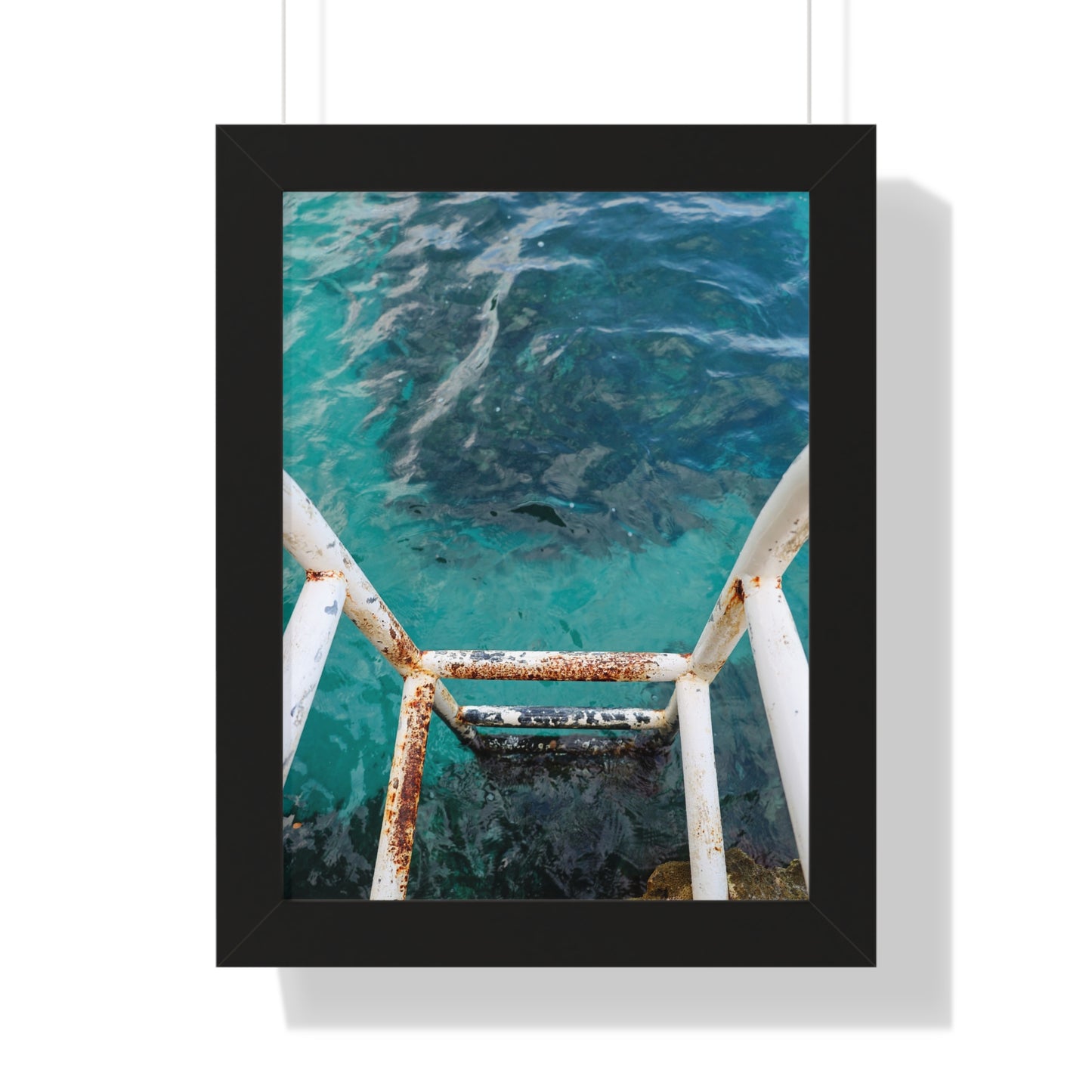 Rustic Descent: Rusted Ladder to Water at The Caves Resort, Jamaica - Framed Photography Print