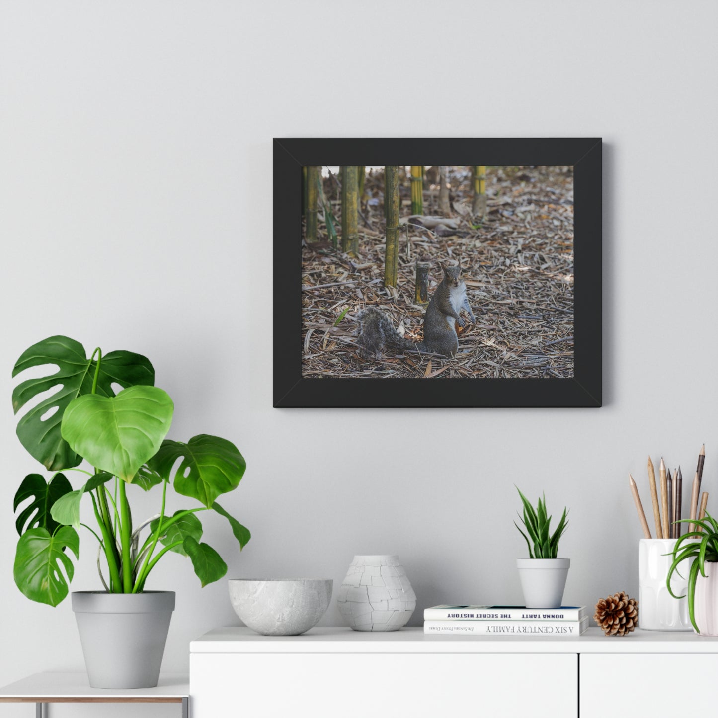 Nature's Forager: A Squirrel Among the Bamboo - Framed Photography Print
