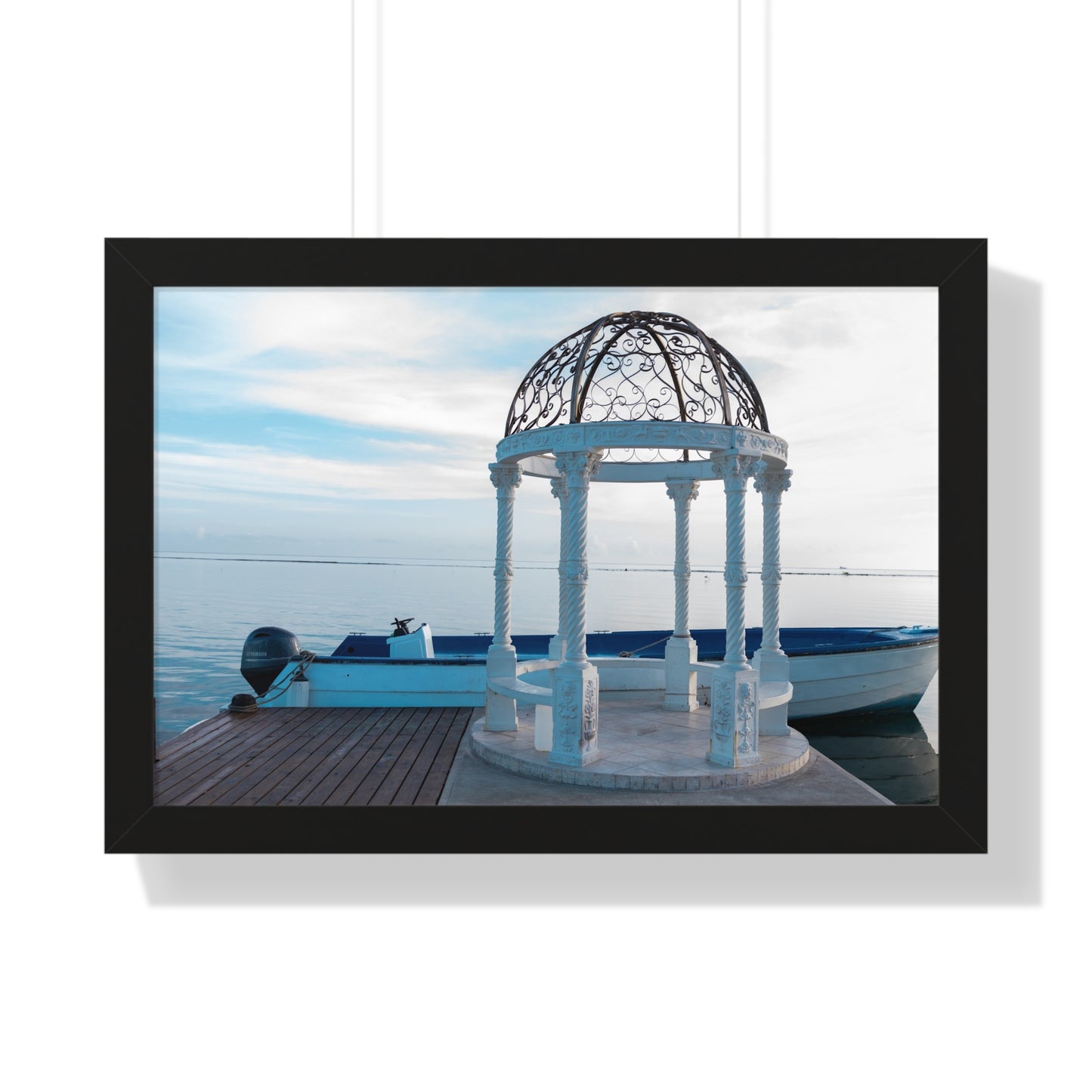 Tranquil Retreat: Boat Behind Gazebo at Sandals Resort, Jamaica - Framed Photography Print