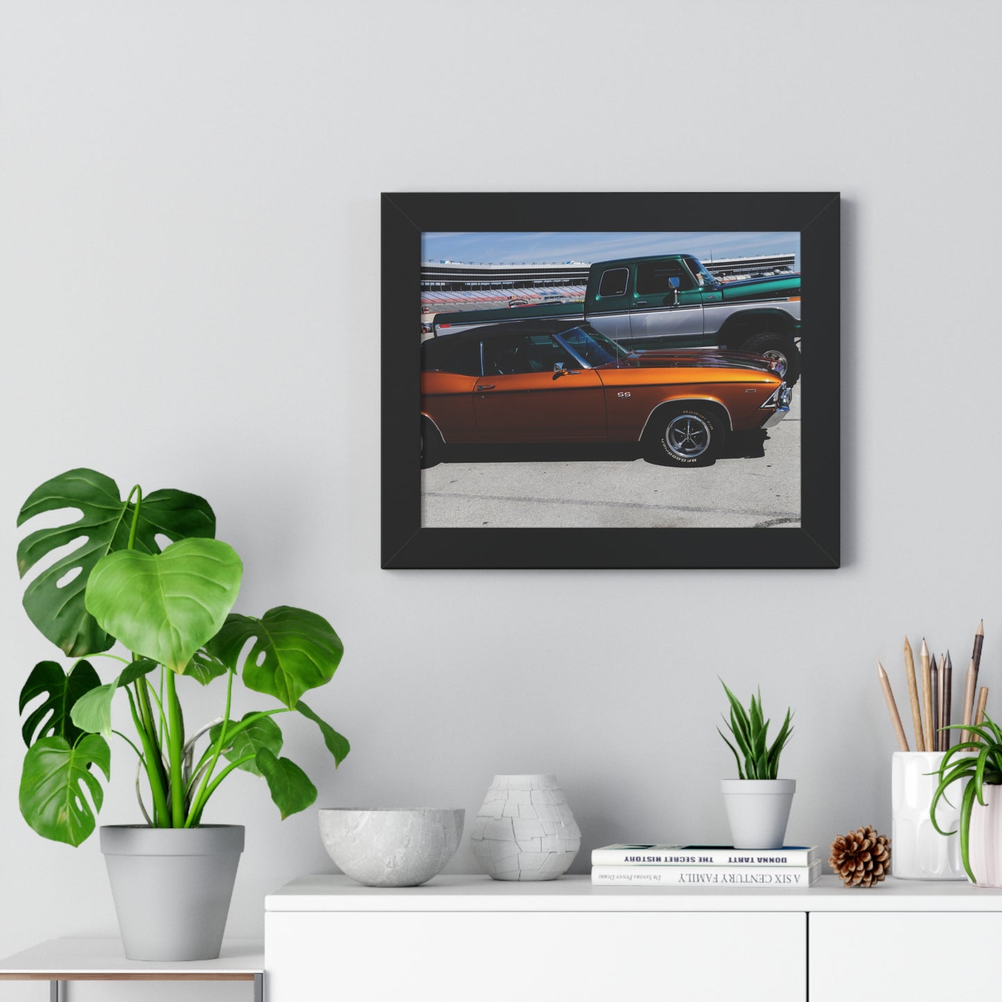 Rustic Charm: Vintage Truck and Car Duo - Framed Photography Print