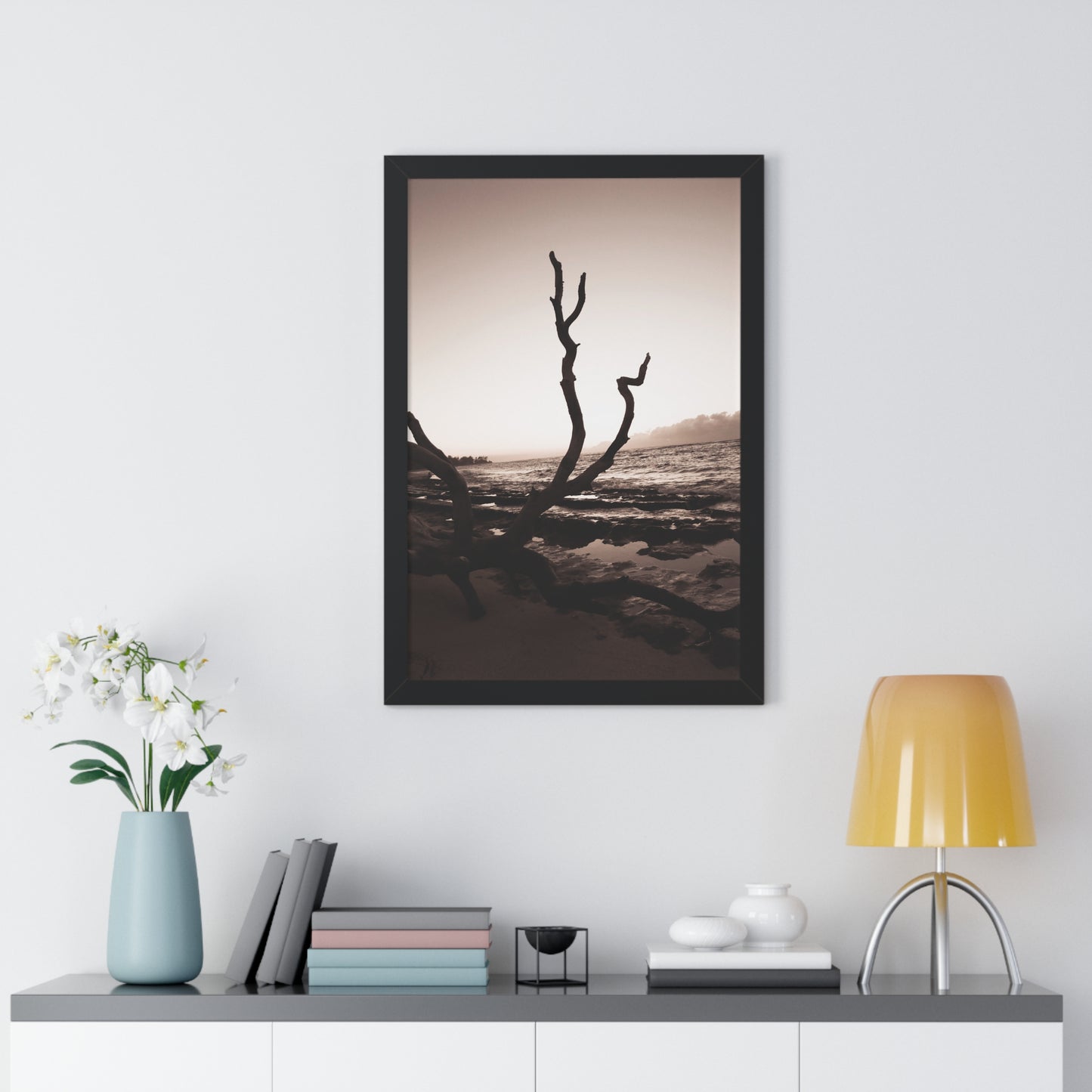 Dusk Serenity: Fallen Tree on the Beach - Framed Photography Print