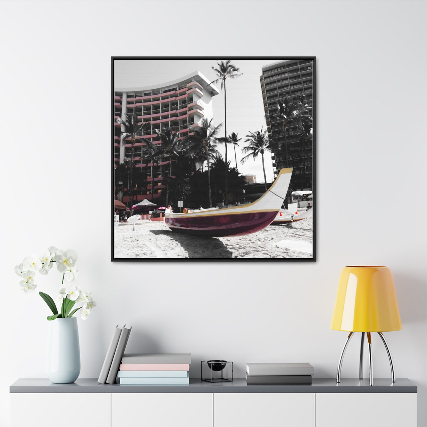 Serene Shores: Boat on a Hawaiian Beach - Framed Canvas Print