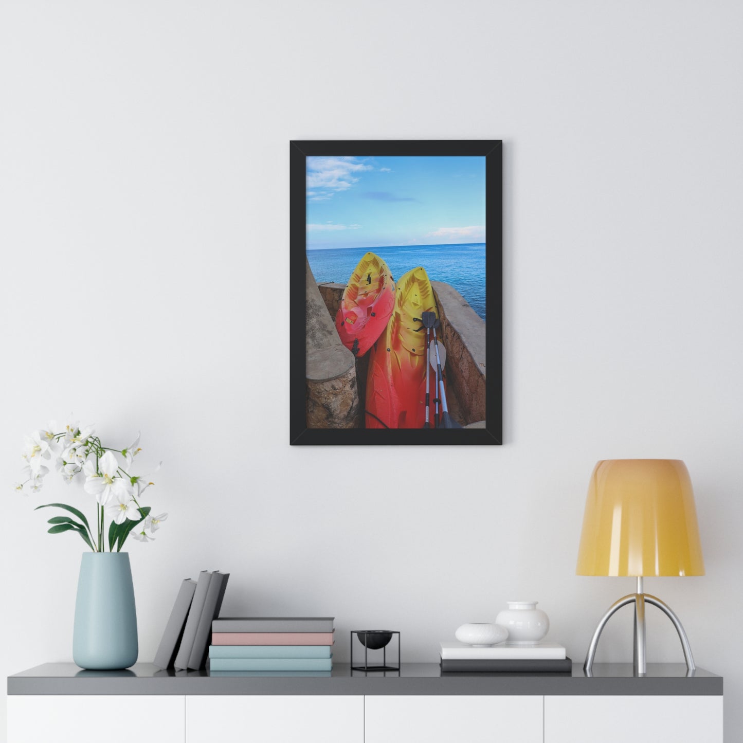Adventure Awaits: Kayaks by the Cliffs at The Caves Resort, Jamaica - Framed Photography Print