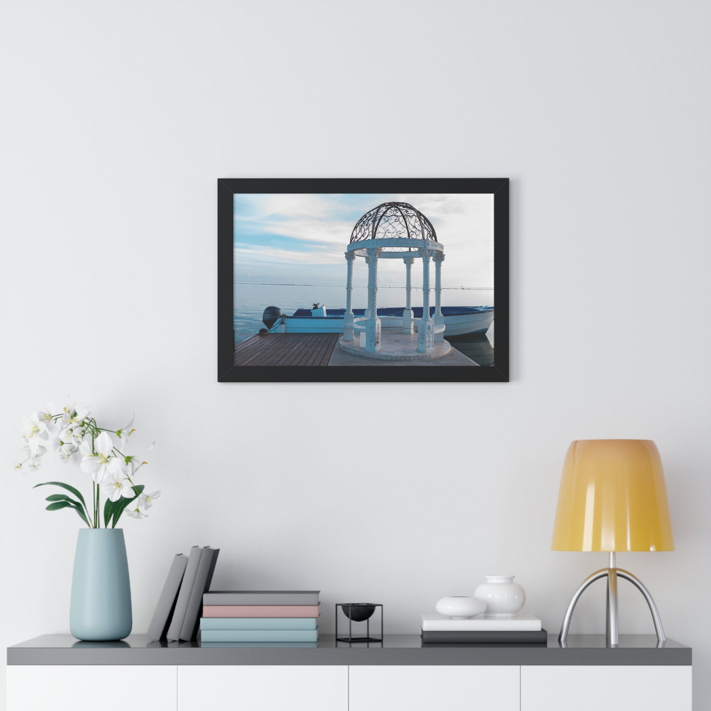 Tranquil Retreat: Boat Behind Gazebo at Sandals Resort, Jamaica - Framed Photography Print