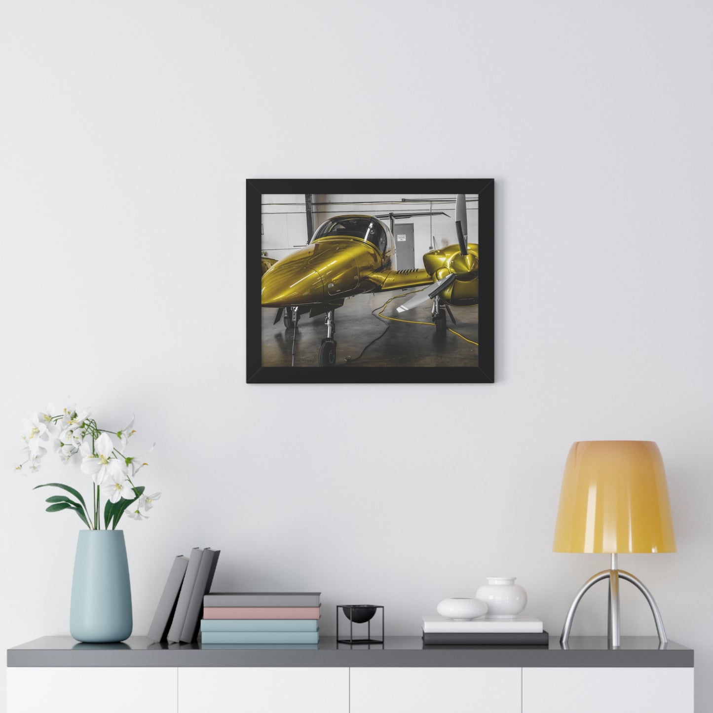 Golden Glory: Airplane in the Hangar - Framed Photography Print