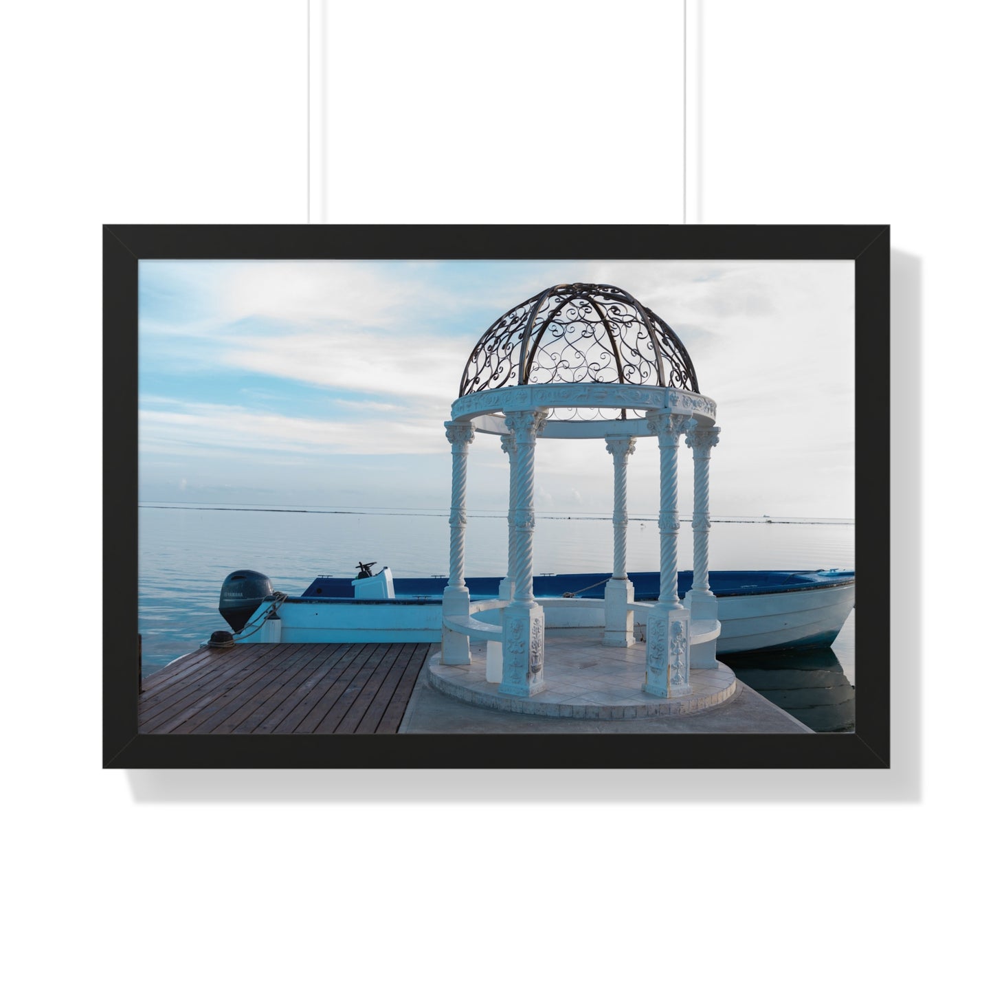 Tranquil Retreat: Boat Behind Gazebo at Sandals Resort, Jamaica - Framed Photography Print