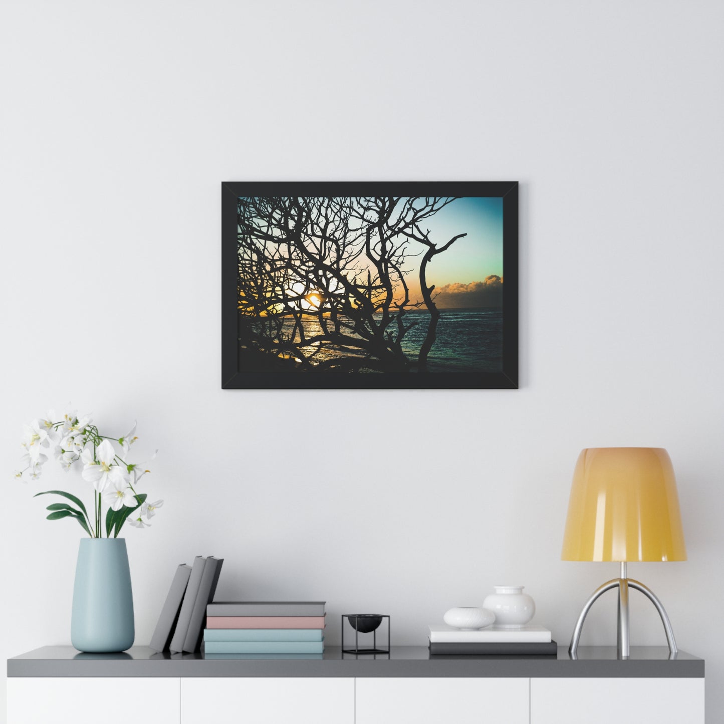 Hawaiian Sunset: Fallen Tree on the Beach - Framed Photography Print