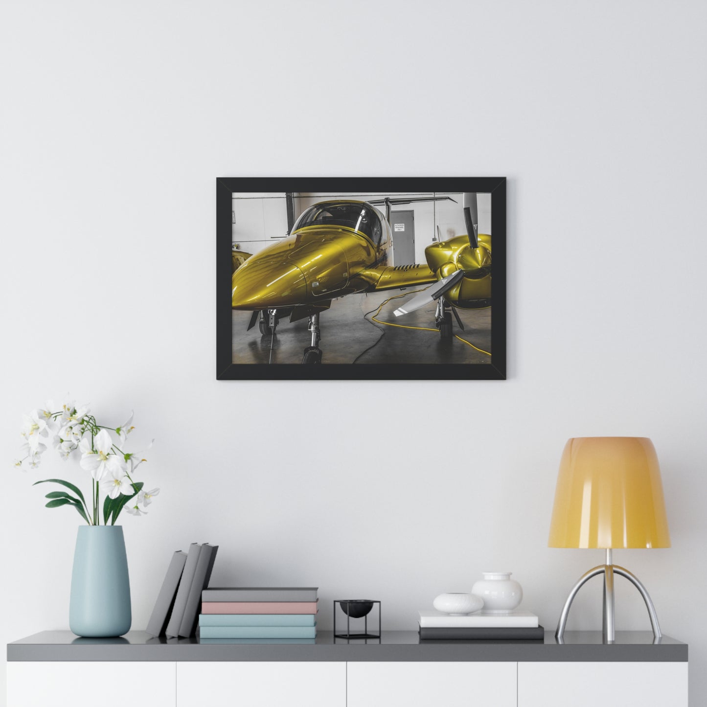 Golden Glory: Airplane in the Hangar - Framed Photography Print