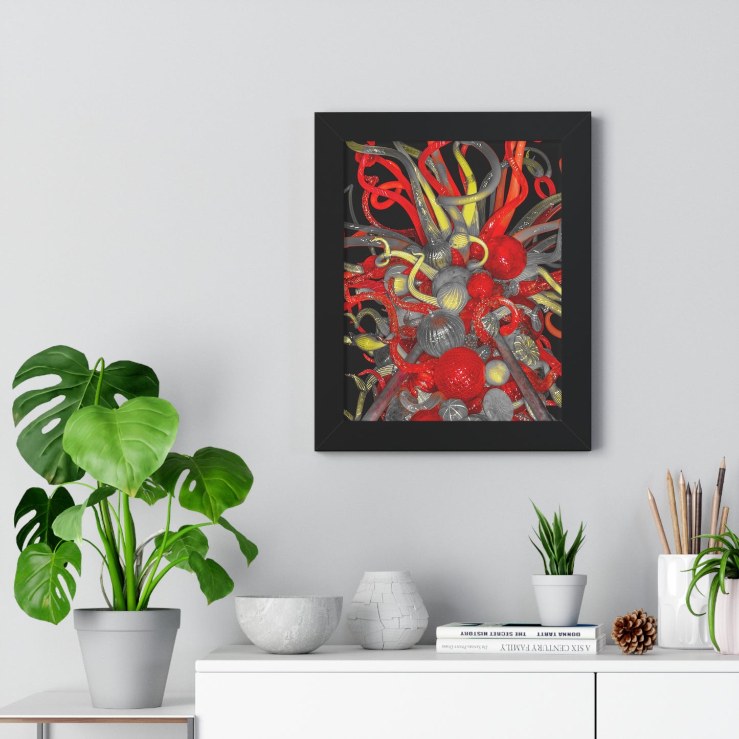 Vibrant Fusion: Red, Yellow, and Clear Glass Blown Sculpture - Framed Photography Print