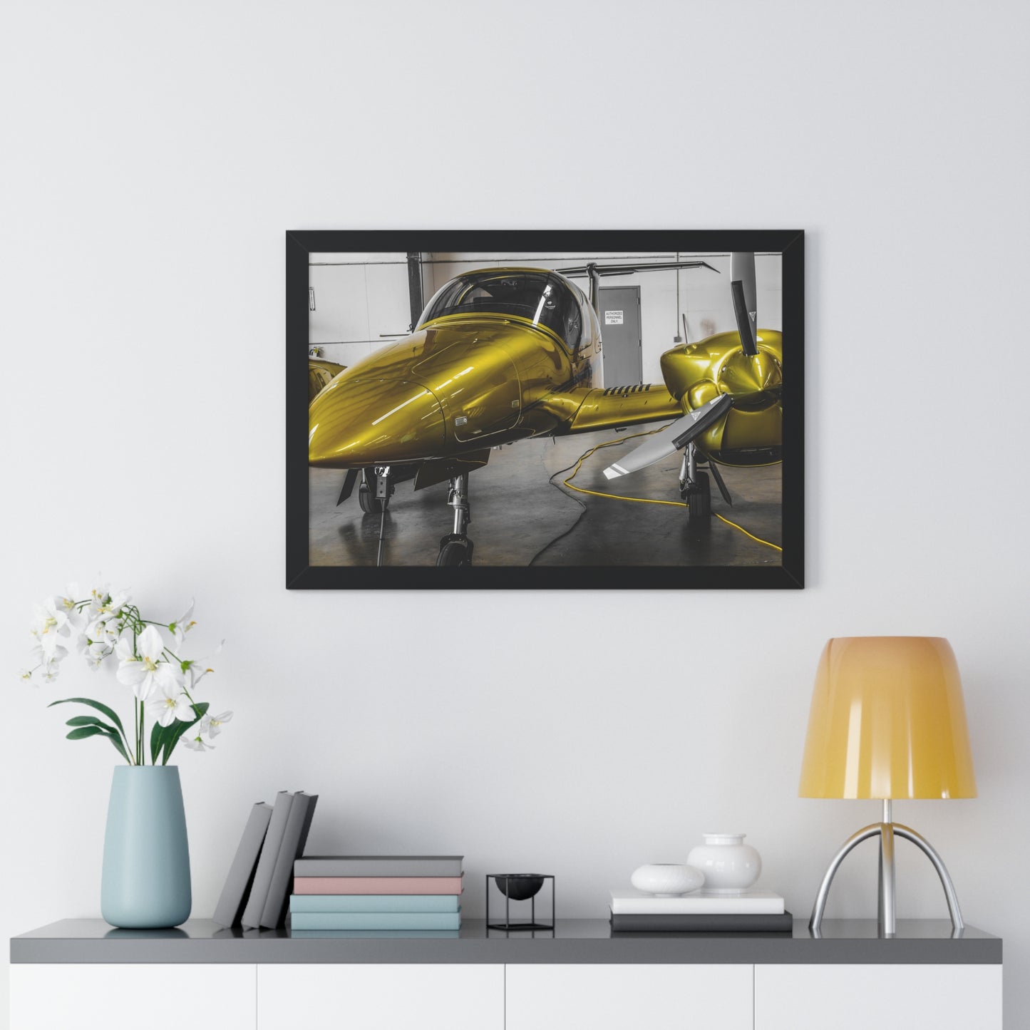 Golden Glory: Airplane in the Hangar - Framed Photography Print
