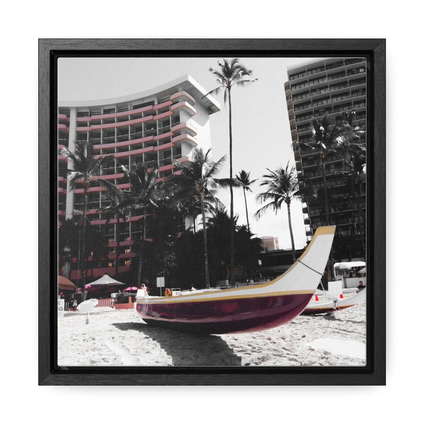 Serene Shores: Boat on a Hawaiian Beach - Framed Canvas Print