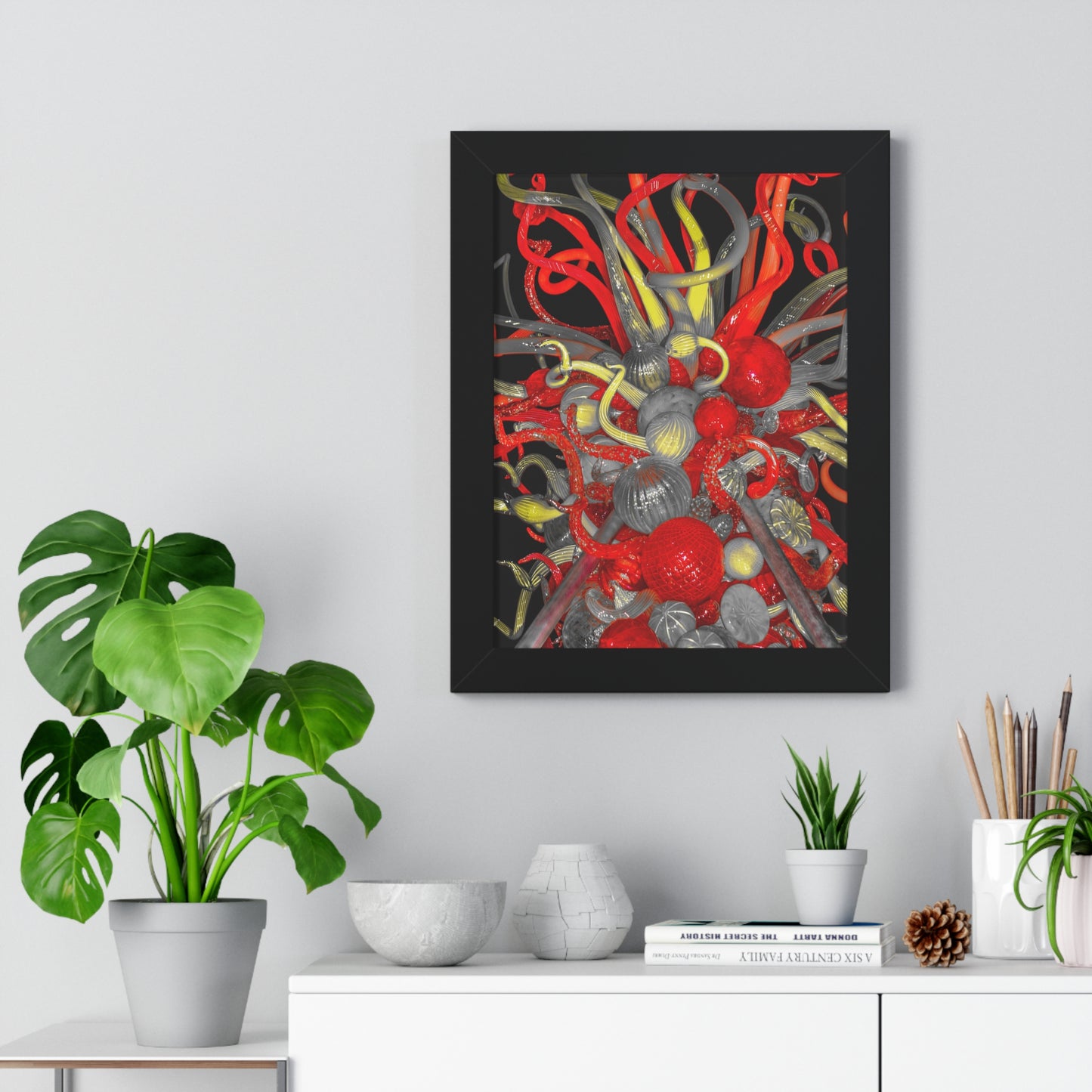 Vibrant Fusion: Red, Yellow, and Clear Glass Blown Sculpture - Framed Photography Print