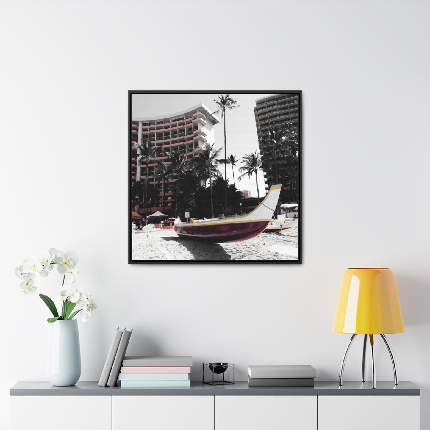 Serene Shores: Boat on a Hawaiian Beach - Framed Canvas Print