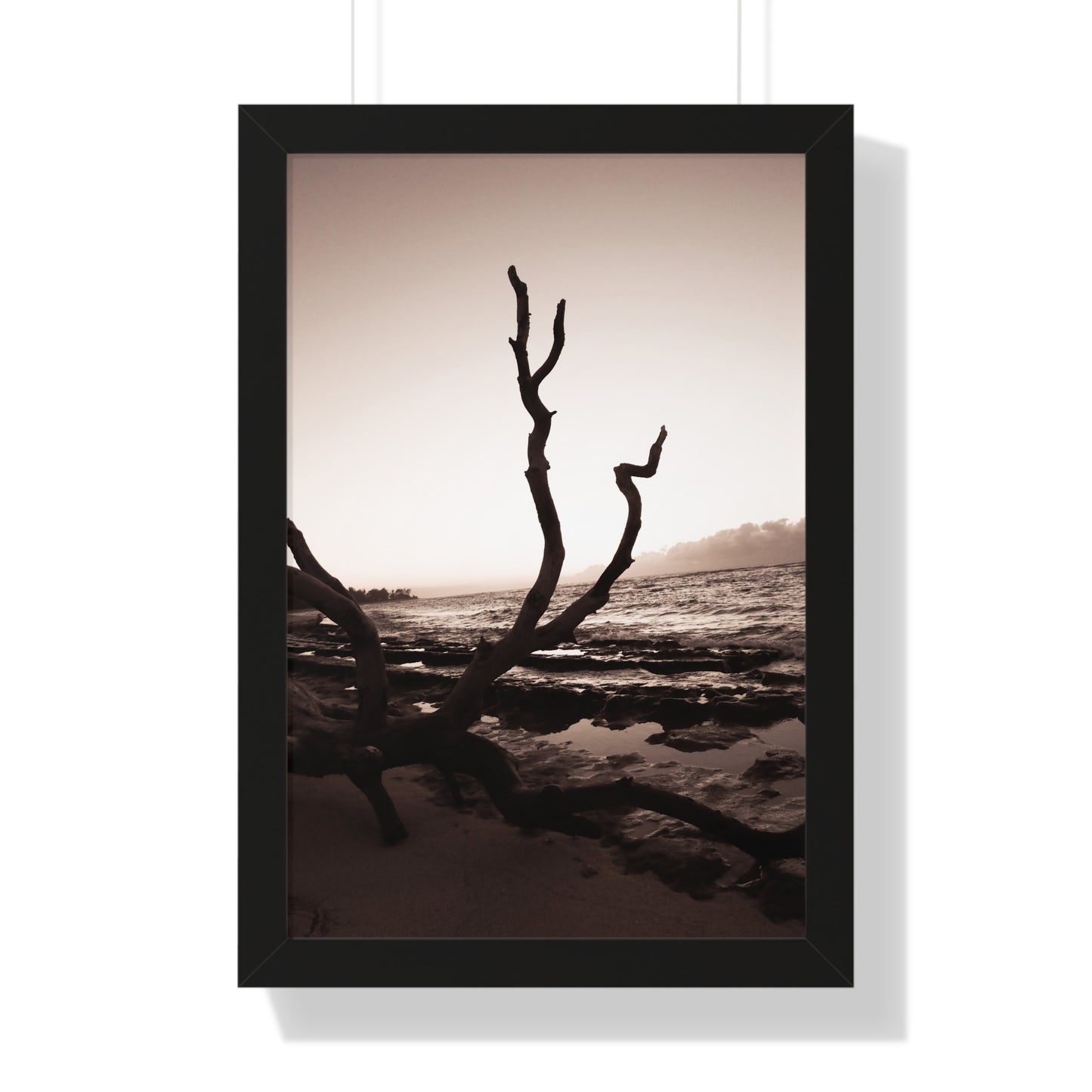 Dusk Serenity: Fallen Tree on the Beach - Framed Photography Print